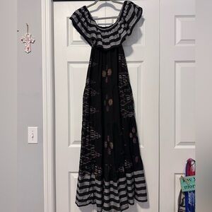 Erika Peña Black and Gray Striped Maxi Dress with Pockets
